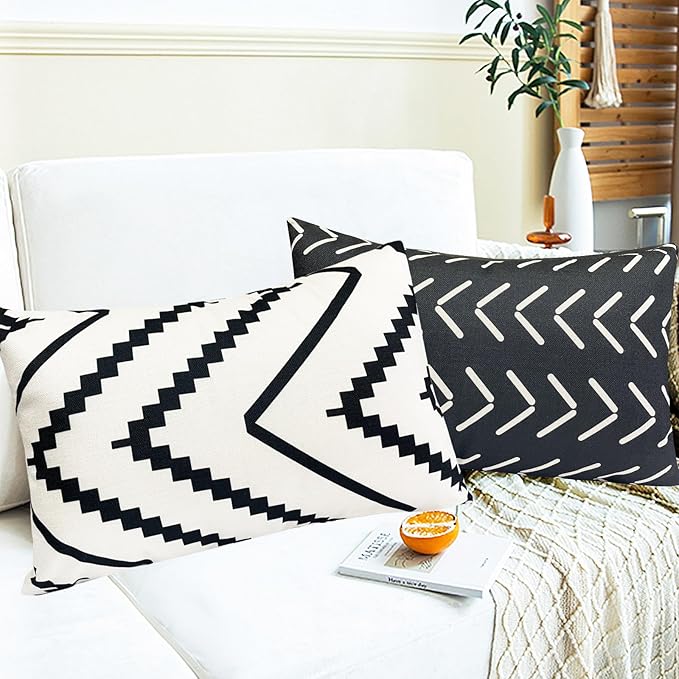 Decorative Throw Pillow Covers Set of 4 Black White Pillow Covers 12x20 inch Throw Pillow Cases Linen Square Pillow Case,Farmhouse Outdoor Geometric Pillow Covers for Couch Sofa Living Room