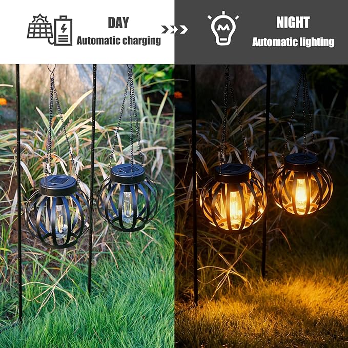 YAKii 2 Pack Solar Lanterns Outdoor Waterproof,Metal Hanging Solar-Powered Lights Outside Lanterns, Warm White LED Lights Decor for Yard Garden Pathway Patio Porch Balcony Decoration