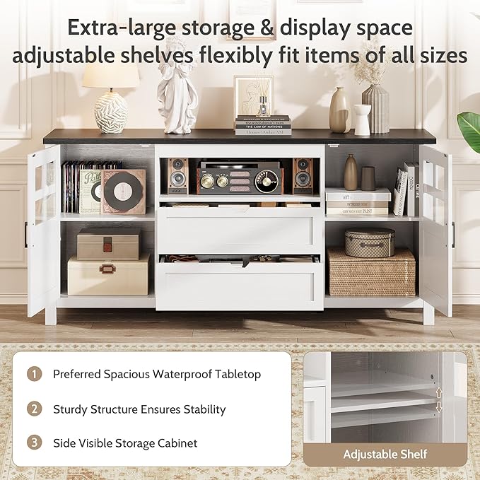 Farmhouse TV Stand for 65 Inch TVs, Entertainment Center with Adjustable Shelves, 2 Barn Doors and Drawers, Storage Media Cabinet for Living Room or Bedroom-White