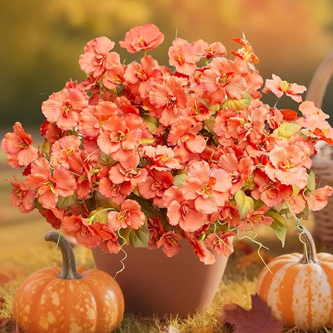 INSPRING Fake Fall Flowers Artificial Mums for Outdoors Autumn Decoration, Faux Silk Flowers Plants Realistic UV Resistant Tropical Flower Artificial for Outside Planter Patio (FOrange, 6 Bundles)