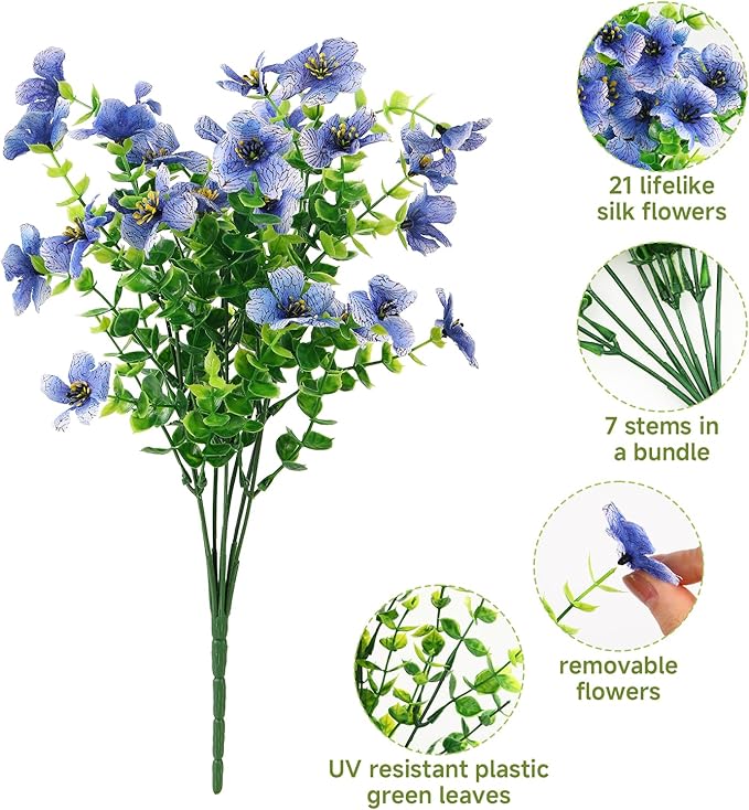 SHareconn 24 Bundles Artificial Flowers for Outdoors, Faux Plants Fake Silk Colorful Daisy Eucalyptus Lavender, UV Resistant for Outside Home Porch Patio Spring Decor, RedRosyPurpleBlueYellowPink