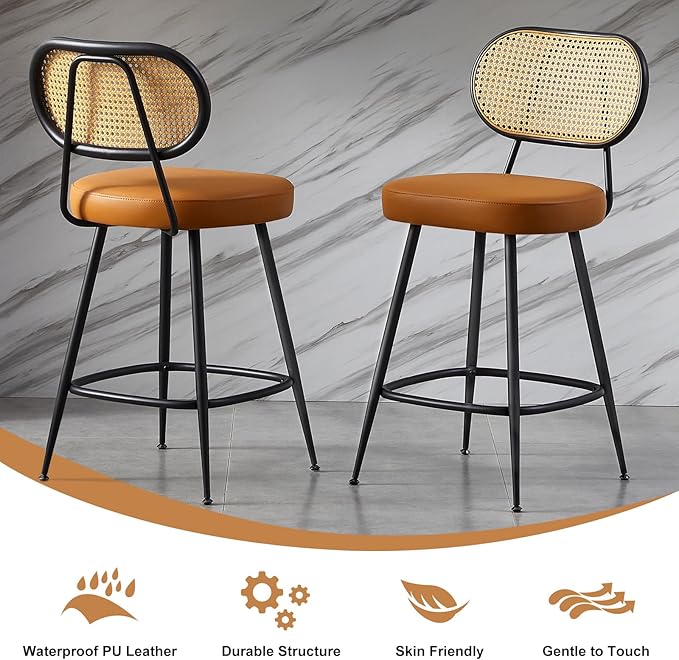 26" Rattan Barstools Set of 2, Counter Height Bar Chair with Black Metal Legs, Modern Armless PU Leather Pub Chair,Adjustable Feetpads Stools for Home Counter,Kitchen Dining Island,Cafe(WBR)