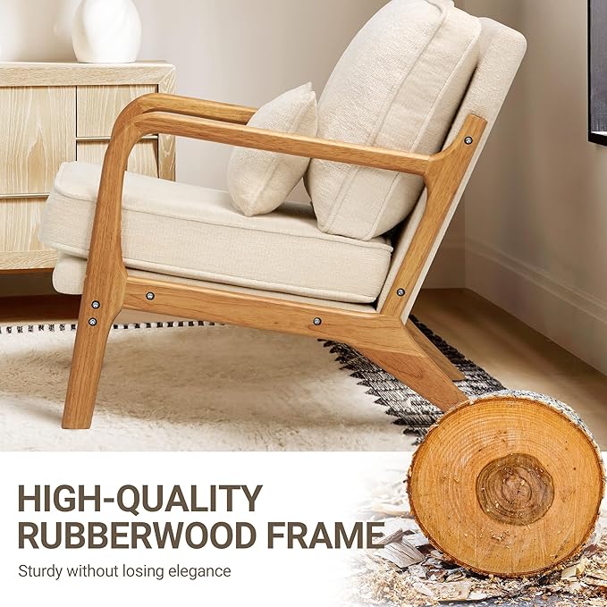 COLAMY Modern Accent Chair with with Solid Wood Frame, Mid Century Reading Leisure Armchair Lumbar Pillow& Soft Cushion, Relaxing Chair for Living Room,Bedroom,Waiting Room（Beige）