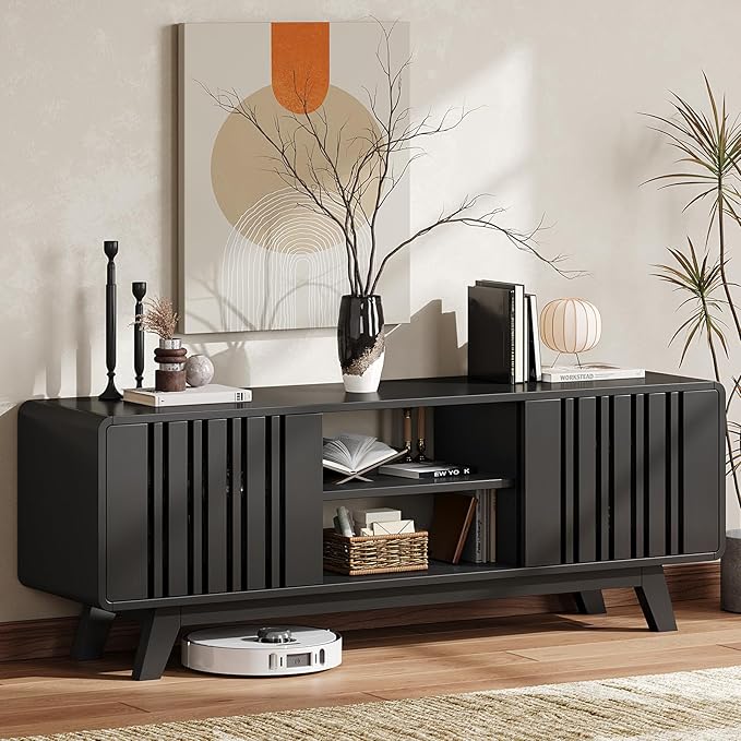 ONBRILL 63-Inch TV Stand for TVs up to 75 Inch, Mid-Century Modern Television Stand with Power Outlet， Entertainment Center with Sliding Grille Door Cabinets and Open Shelves for Living Room, Black