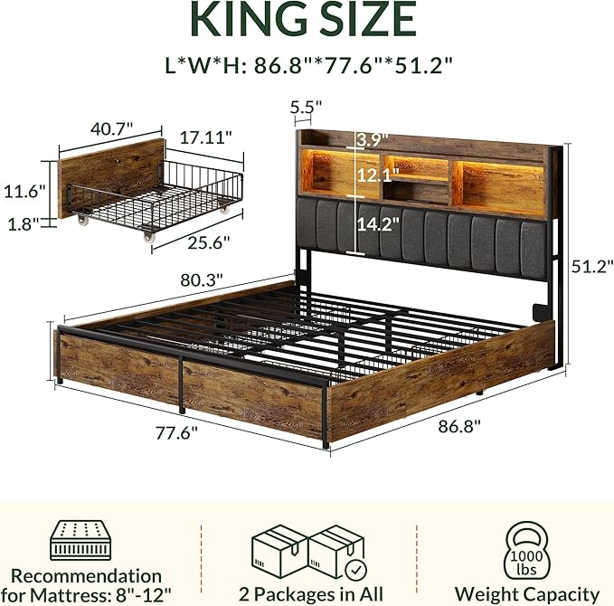 LARMACE King Bed Frame with 6 Storage Drawers, Bed Frame King Size with Linen Upholstered Headboard, Built in Charging Station and LED, No Noise, Metal Support, No Box Spring Needed,Vintage Brown