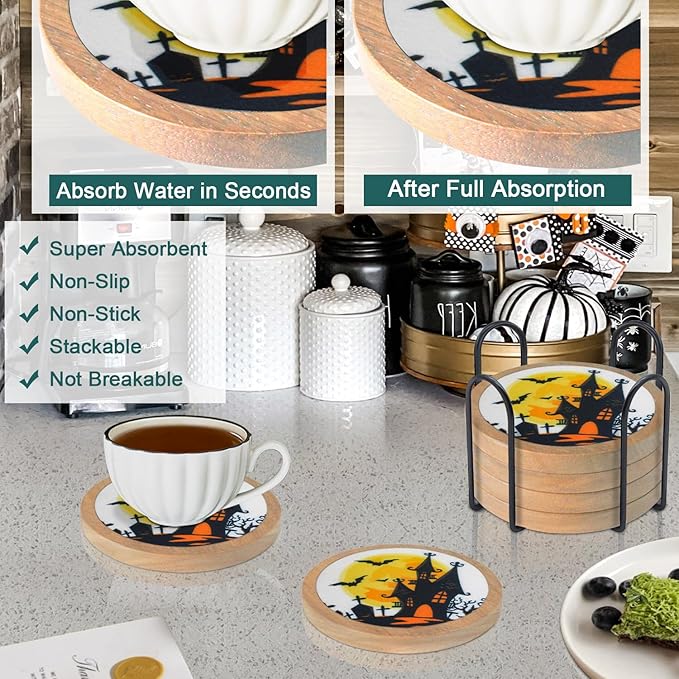 Halloween Coasters Set of 6, Unique Coaster, Minacun Absorbent Coasters with Holder Halloween Thanksgiving Themed Party Decoration 4.3 Inch