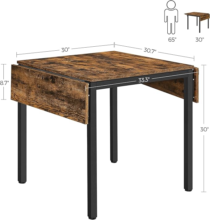 VASAGLE Folding Dining Table, Drop Leaf Extendable, for Small Spaces, Seats 2-4 People, Industrial, 33.3 x 30.7 x 30 Inches,Brown