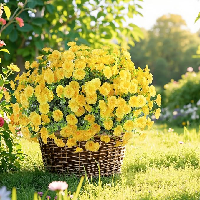 Ouddy Decor 24 Bundles Artificial Flowers for Outdoors Decoration Fake Silk Morning Glory Flowers Faux Eucalyptus Plants UV Resistant for Porch Patio Garden Spring Summer Home Decor, Yellow