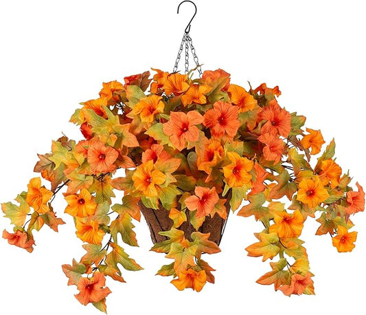 Artificial Fake Fall Flowers with Hanging Basket for Outdoor Fall Decoration, Silk Faux Flowers UV Resistant Fake Plants for Home Porch Patio Garden Window Box Autumn Decor Look Real (Orange)