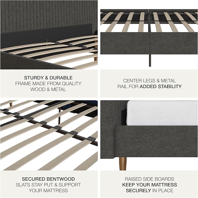 Mr. Kate Daphne Upholstered Queen Bed Frame with Headboard, Modern Platform Queen Bed Frame, Dark Gray Linen