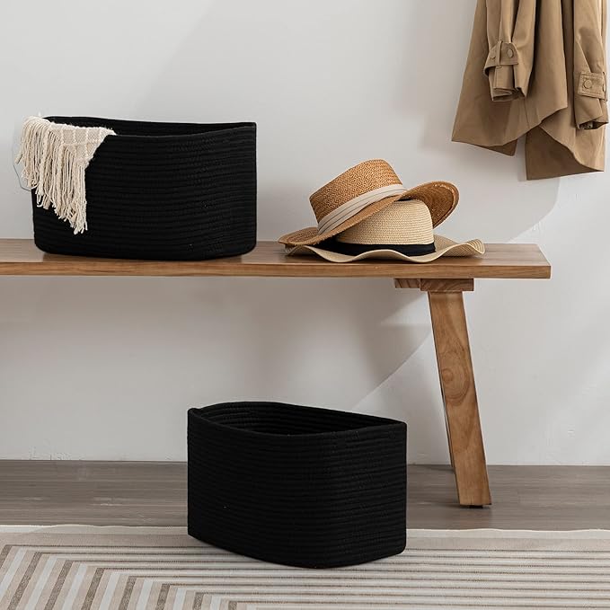 UBBCARE 3-Pack Woven Rope Shelf Baskets - 15x10x9in Decorative Storage Basket for Toys, Kids Playroom, Closet Organization & Cube Storage Organizer | Gift Basket Empty, Black