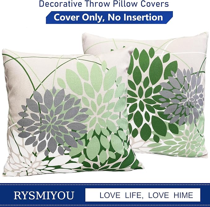 Sage Green Decorative Throw Pillow Covers 18x18 Inch Pillow Covers for Couch Living Room Bedroom Outdoor.Modern Sofa Throw Pillow Cover.Farmhouse Geometric Floral Linen Square Pillow Case.Set of 2