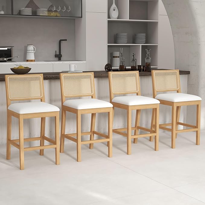 Westice Rattan Bar Stools Set of 4, 26" Farmhouse Counter Height Stools with Natural Rattan Back and Wood Frame, Upholstered Line Fabric Seat Cushion, Wooden Stools for Kitchen Island/Pub, Natural