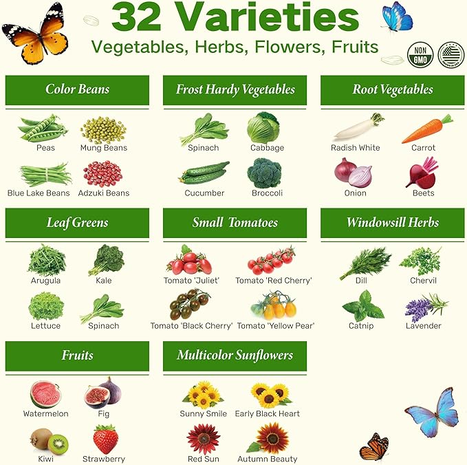 Lush&Dew USDA Zone 3 Seed Bank, Gardening Gifts for Women Men, 32 Varieties Non-GMO Heirloom Seeds for Planting Vegetables Fruits, Year Round Survival Seed Kit for Raised Garden Bed Greenhouse