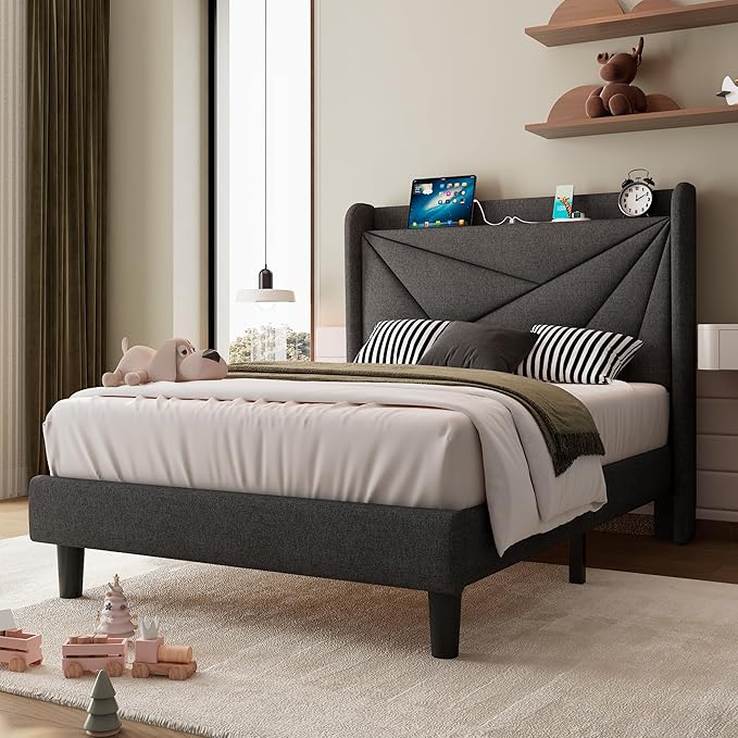 iPormis Twin Size Bed Frame with Charging Station, Linen Platform Bed Frame with Wingback Upholstered Headboard, Solid Wood Slats Support, No Box Spring Needed, Easy Assembly, Dark Grey
