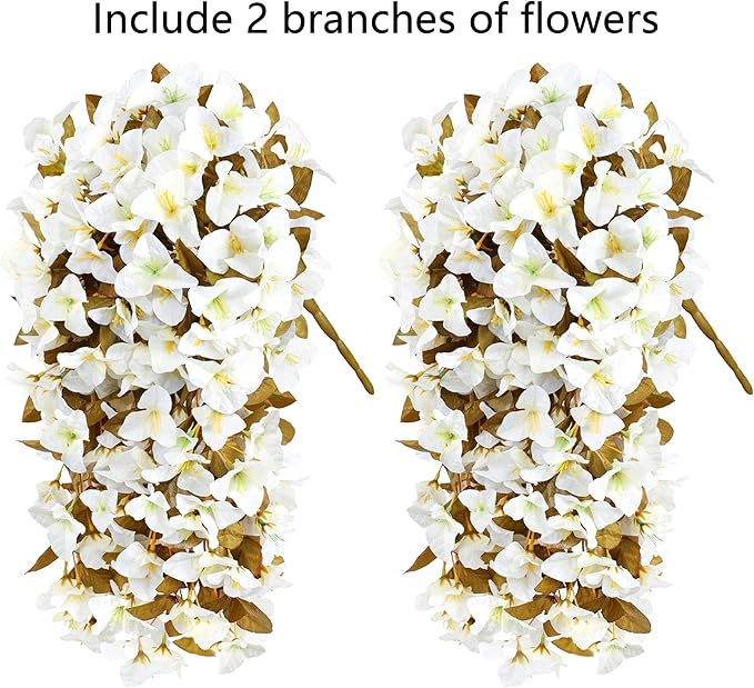 Bougainvillea Artificial Flowers Plants for Outdoors Outside Fall Autumn Decoration, 2 pcs Faux Silk Long Trailing Vines UV Resistant Look Real White Fake Flowers for Front Door Porch Planter Urn Yard