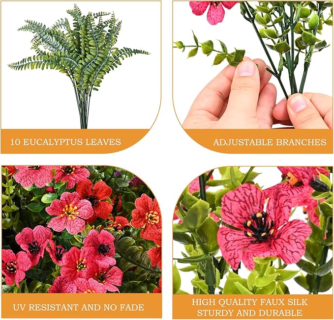 Artificial Faux Plants Flowers Outdoor Decoration,16 Bundles Fake Silk Colorful Daisy Eucalyptus Realistic UV Resistant for Outside Home Planter Porch Patio Yard Decor (Purple Red)