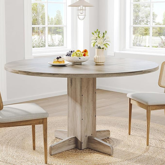 Garvee Round Dining Room Table for 4-6, 47" Wood Kitchen Table with Sturdy Pedestal Base, Farmhouse Circle Dinner Tables for Living Room, Apartment, Grey