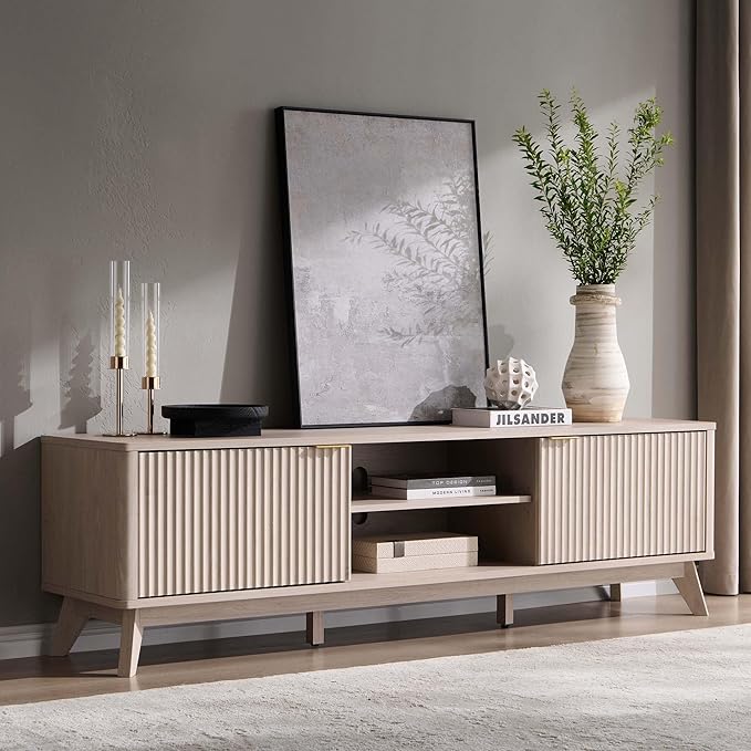 OKD 70" Mid Century Modern Fluted TV Stand, Entertainment Center, Sideboard, Media Console for Living Room with 2 Soft Close Door/Adjustable Shelves (Alder White)