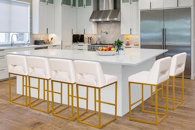White and Gold Counter Height Bar Stools Set of 6 for Kitchen Counter Modern Bar Chairs with Backs for Kitchen Island with Upholstered Faux Leather Seat and Metal Frame, 26 Inch