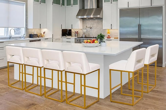 White and Gold Counter Height Bar Stools Set of 6 for Kitchen Counter Modern Bar Chairs with Backs for Kitchen Island with Upholstered Faux Leather Seat and Metal Frame, 26 Inch