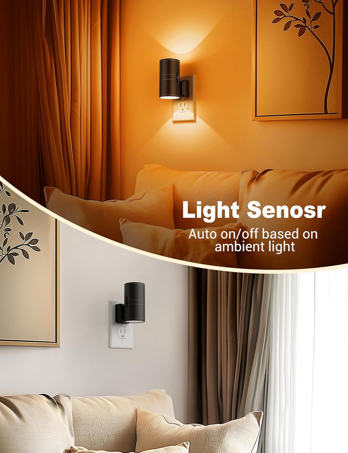 Amber Night Lights Plug into Wall, Dimmable Night Light Plug in, Modern Night Lights Auto On/Off, Amber Night Light 2000K, 0-100LM Adjustable Brightness Nightlight for Hallway Bedroom, 2 Pack