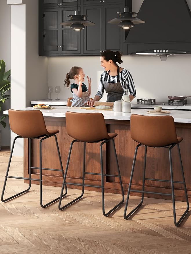 Bar Stools Set of 2, 26 Inches Counter Height Bar Stools with Back, Modern Faux Leather Barstools with Metal Legs and Footrest, Bar Chairs for Kitchens Island (Dark Brown)