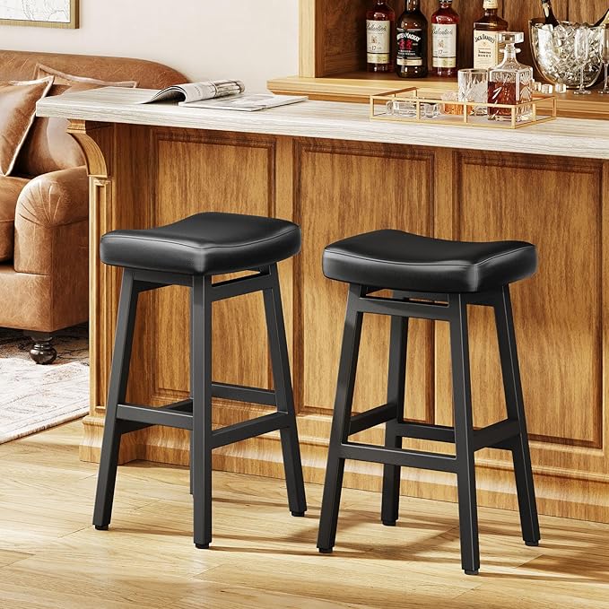 29 Inches Bar Stools Set of 2, Bar Height Barstools for Home Counter, Blackless Barstool with Bonded Leather Saddle Seats & Heavy Duty Metal Legs, Easy Assembly, All Black