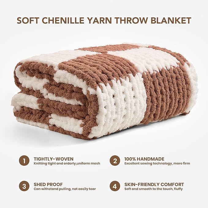 L'AGRATY Chunky Knit Blanket Throw: 50''x60'' Chenille Chunky Knitted Throw Blankets for Bed Couch - Handmade Thick Cable Knit Blanket - Large Crochet Rope Blankets for Home Decor(Brown Checkered)