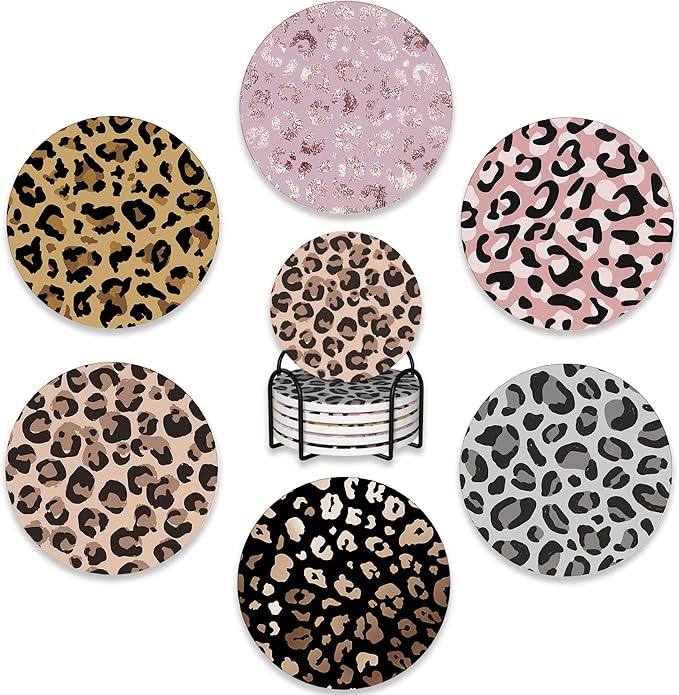 Drink Coasters Set of 6 with Holder,Leopard Print Brown Grey Gold Pink Absorbent Ceramic Coasters with Cork Base,Fit All Cups,Tabletop Protection Mat for Mugs and Cups,Office,Kitchen
