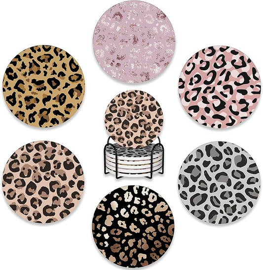Drink Coasters Set of 6 with Holder,Leopard Print Brown Grey Gold Pink Absorbent Ceramic Coasters with Cork Base,Fit All Cups,Tabletop Protection Mat for Mugs and Cups,Office,Kitchen