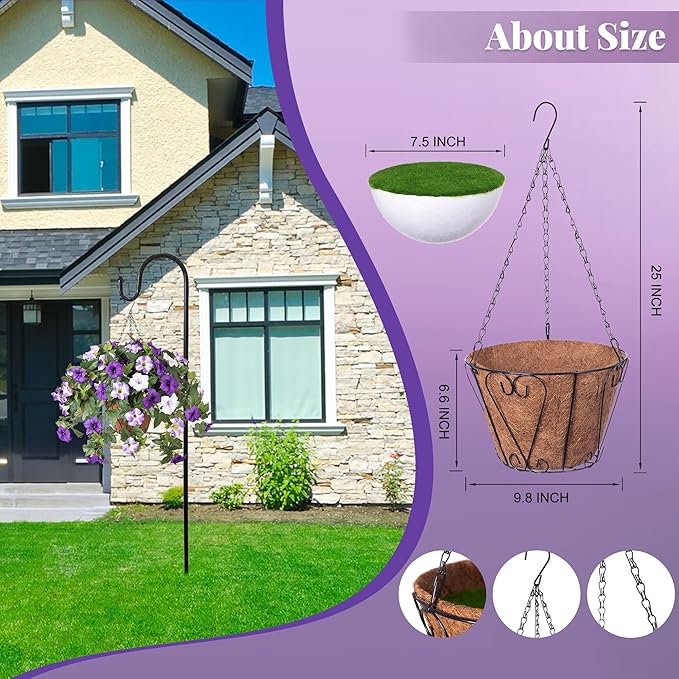 Artificial Hanging Fake Flowers with Basket Plants for Outdoor Decoration, Faux Silk Flower UV Resistant Morning Glory for Home Porch Patio Garden Balcony Yard Look Real (Purple White)