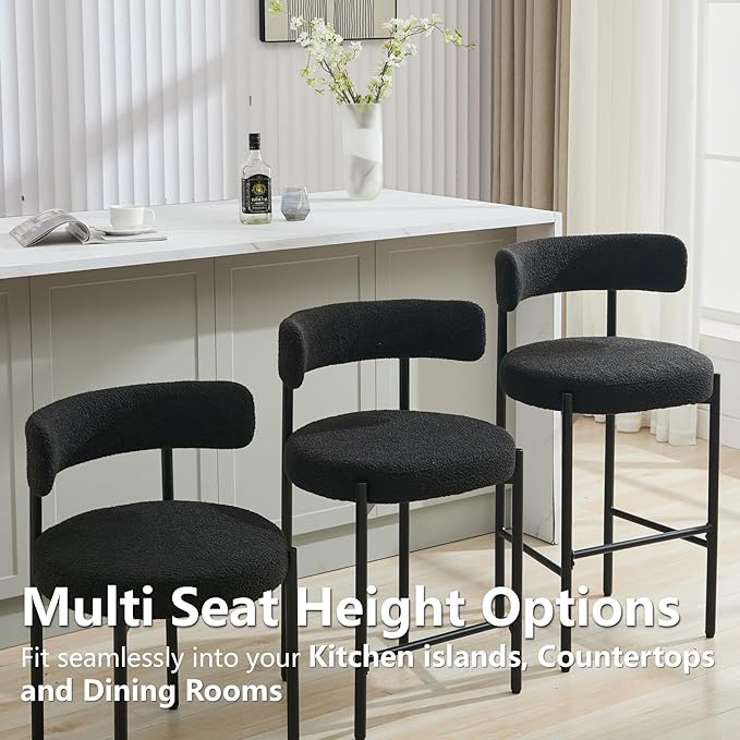 24'' Boucle Bar Stools Set of 4, Black Bar Stools with Backs, Counter Height Bar Height Stools for Kitchen Island, Upholstered Bar Chairs