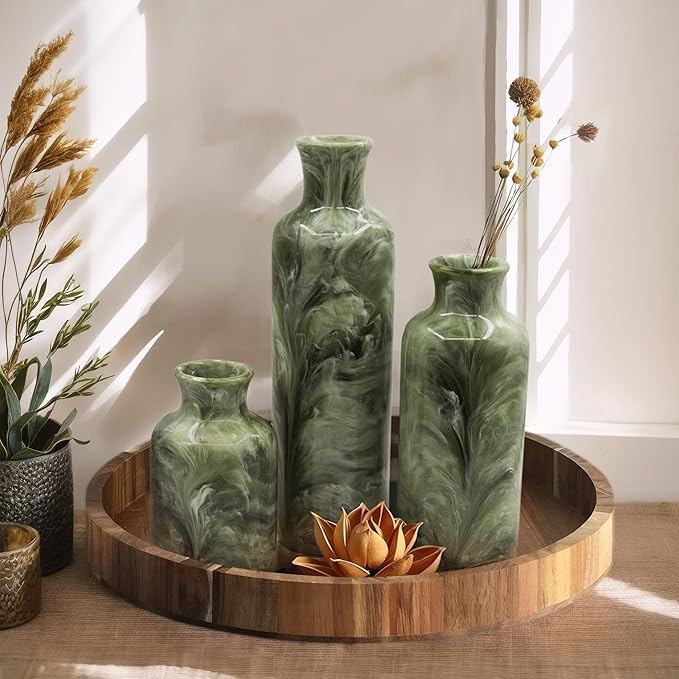Resin 3 Piece Vase Set, Farmhouse Decor, Home Decorative Vase, Vases for Your Kitchen, Bedroom, Office, Living Room, Bathroom, & Shelf Centerpiece Table Decorations, Green