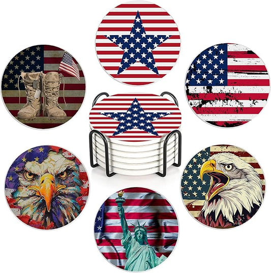 Drink Coasters Set of 6 with Holder, American Flag Eagle Absorbent Ceramic Drink Coaster for Tabletop Protection,Suitable for Kinds of Cups,Drinks Coasters for Home Office Decoration(4 Inches)