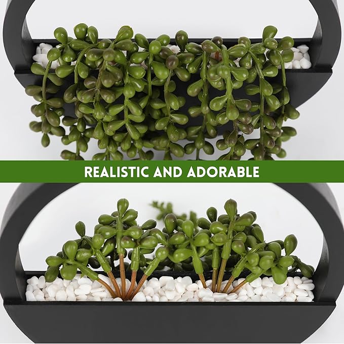 Floweroyal 2pcs Artificial Succulents Hanging Plants 12.2'' Fake String of Pearls in Pot with 8.3'' Lanyard for Indoor Outdoor Wall Decor (Black).