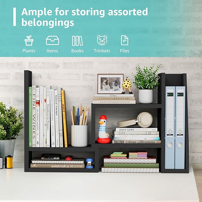 Desktop File Organizer Desk Organizer Shelf - Black Office Organization Shelves for Top of Desk Organizers and Accessories Corner Bookshelf Table Top Shelving Small Hutch Decorations for Women Office