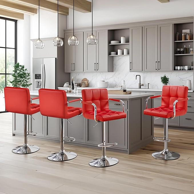 Yaheetech Bart Stools Set of 4, PU Leather Adjustable Barstools with Armrest, Counter Height Stool Chairs with Thickened Seat Cushion for Kitchen Island, Red