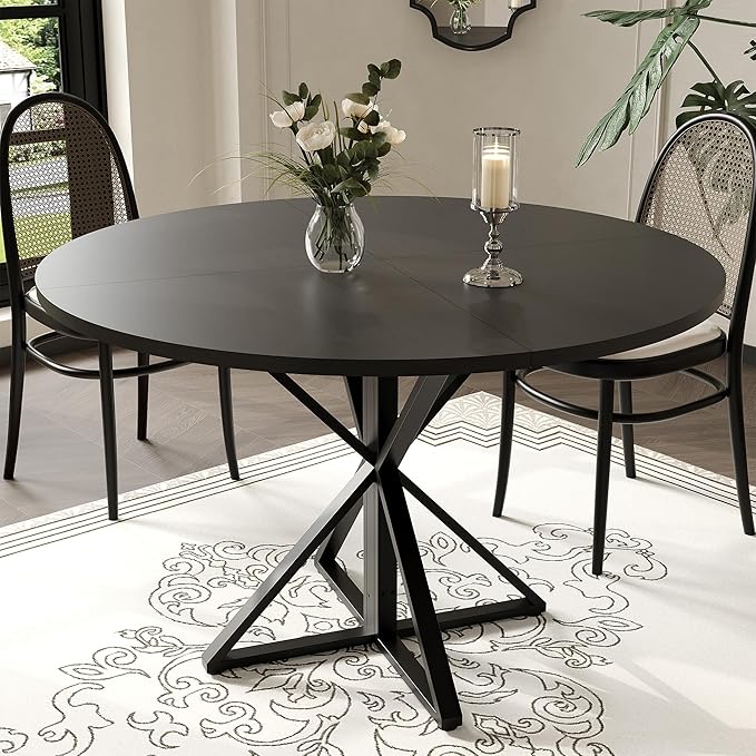GarveeHome 47 inch Round Dining Table for 4, Black, Farmhouse Wood Circle Pedestal Kitchen Table, Circle Dinner Table for Kitchen & Dining Room