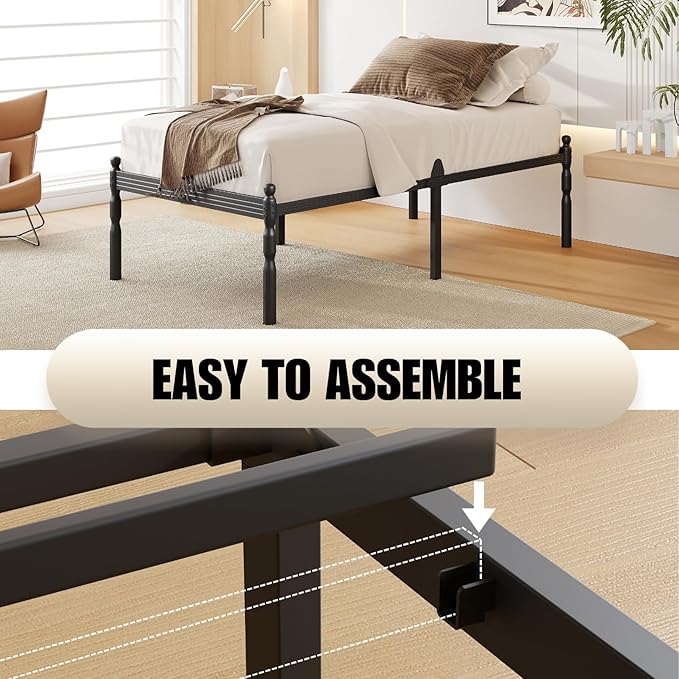 18 Inch Twin XL Metal Bed Frame with Mattress Slide Stopper, Twin XL Size Platform Bed Frames No Box Spring Needed, Heavy Duty Bedframe, Easy Assembly, Noise Free