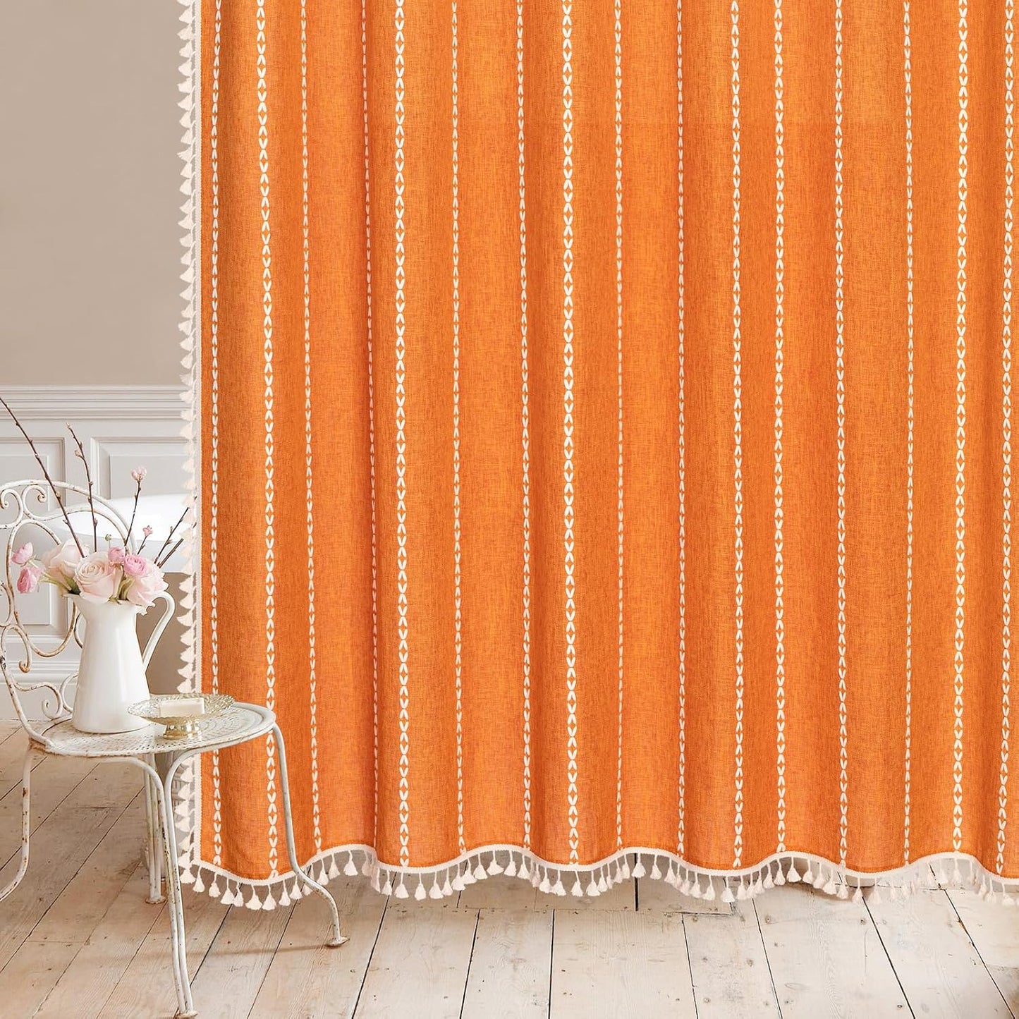 MitoVilla Boho Extra Long Shower Curtain 72 x 84, Orange 84 inch XL Polyester Linen Tassel Fabric Shower Curtain Set with Hooks for Vintage Country Farmhouse Bathroom Decor, Thick & Wrinkle Resistant