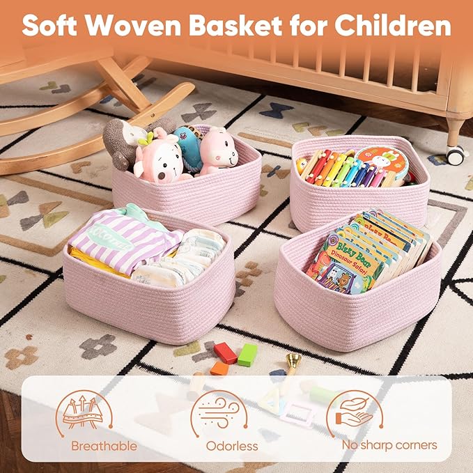 OIAHOMY 4 Pack 14.17*11.02*6.3IN Storage Baskets for Organizing Shelves, Woven Rope Baskets for Organizing Books, Clothes, Decorative Basket for Living Room, Nursery, Bedroom, Gift Basket, Pink
