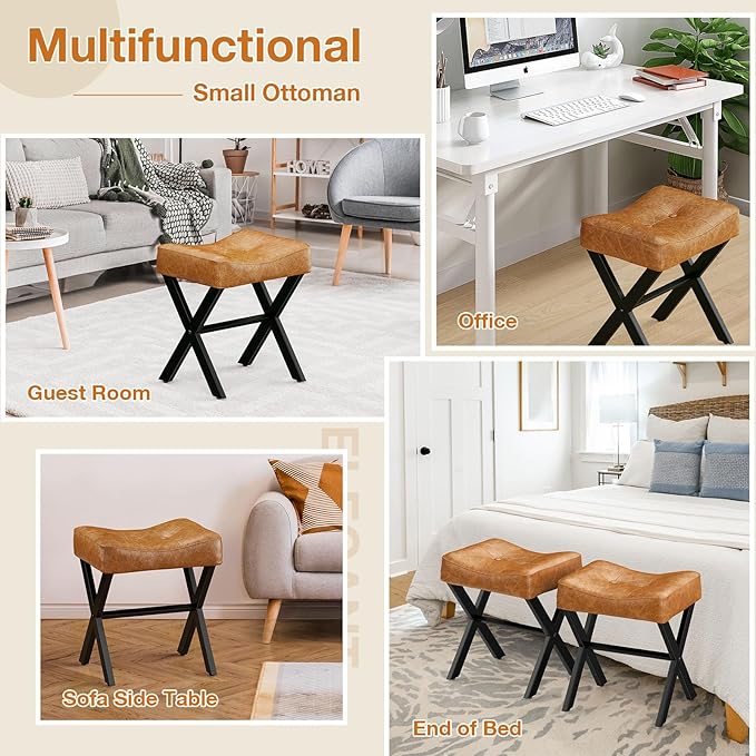 18-Inch Leather Vanity Stool Chair, Vanity Bench with Metal X-Leg, Ottoman Accent Stool with Thick Padded Saddle Seat, Brown