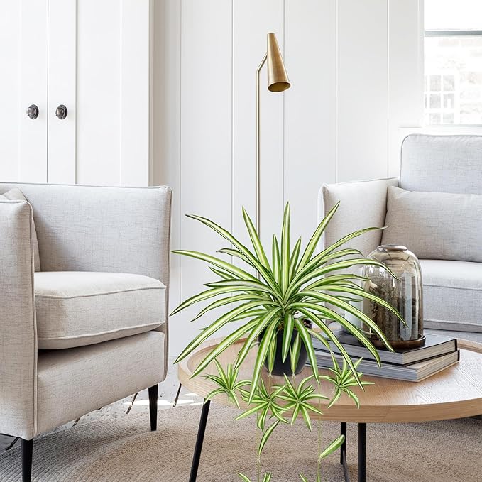 Fake Hanging Plant, Faux Spider Plant in Pot Artificial Grass Plants Faux Chlorophytum Comosum Potted Plants for Home Office Table Shelf Desk Kitchen Bathroom Bedroom Decor Cyan and White