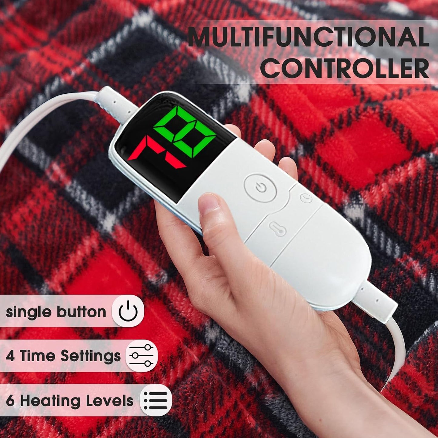 Heated Blanket Electric, Queen Size 84X90, Heating Blanket with 10 Heating Levels/8 Hours Auto Off/Dual Control for Bed, Red Checkered Sherpa Blankets Warmer for Adults, Christmas Blankets, ETL & FCC