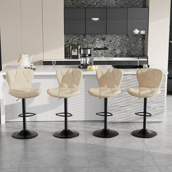 Bar Stools Set of 3,Adjustable Swivel Barstools, Faux Leather Bar Chairs,Upholstered Counter Height with High Backrest for Kitchen Island, Khaki