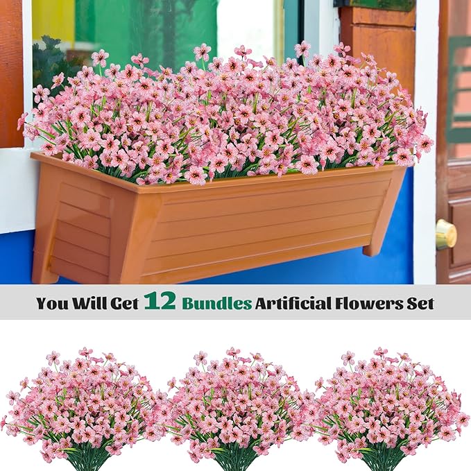 Lnoicy 12 Pcs Artificial Flowers for Outdoor,Plastic Flowers Decoration, UV Resistant Faux Flowers Shrubs, Artificial Plants for Indoor Outside Garden Home Wedding Farmhouse（Pink）