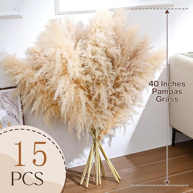 15pcs 40''Dried Pampas Grass Decor Tall-Large pompas Grass-Natural Beige Tall Pampas Grass for Floor Vase,Wedding,Party,Farmhouse,Living Room Floor,Boho Home Decor