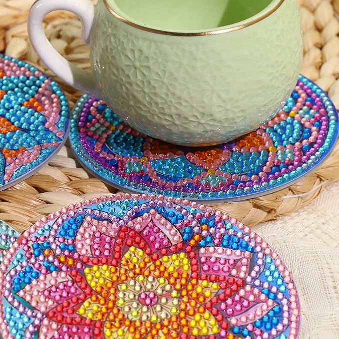 8 PCS Lotus Diamond Art Coasters Kits, Diamond Painting Coasters with Holder Set of 8, DIY Drink Coasters Art Crafts Supplies for Adults Cup Mat for Home Decor House Warming Gifts Non-Slip 3.9inch