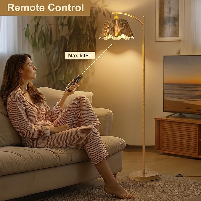 Oneach Arc Floor Lamp for Living Room with 3 Color Temperatures, Rattan Boho Floor Lamp with Remote & Dimmable Bulb, Farmhouse Floor Lamps Suitable for Bedroom, Study(Light Woodgrain)